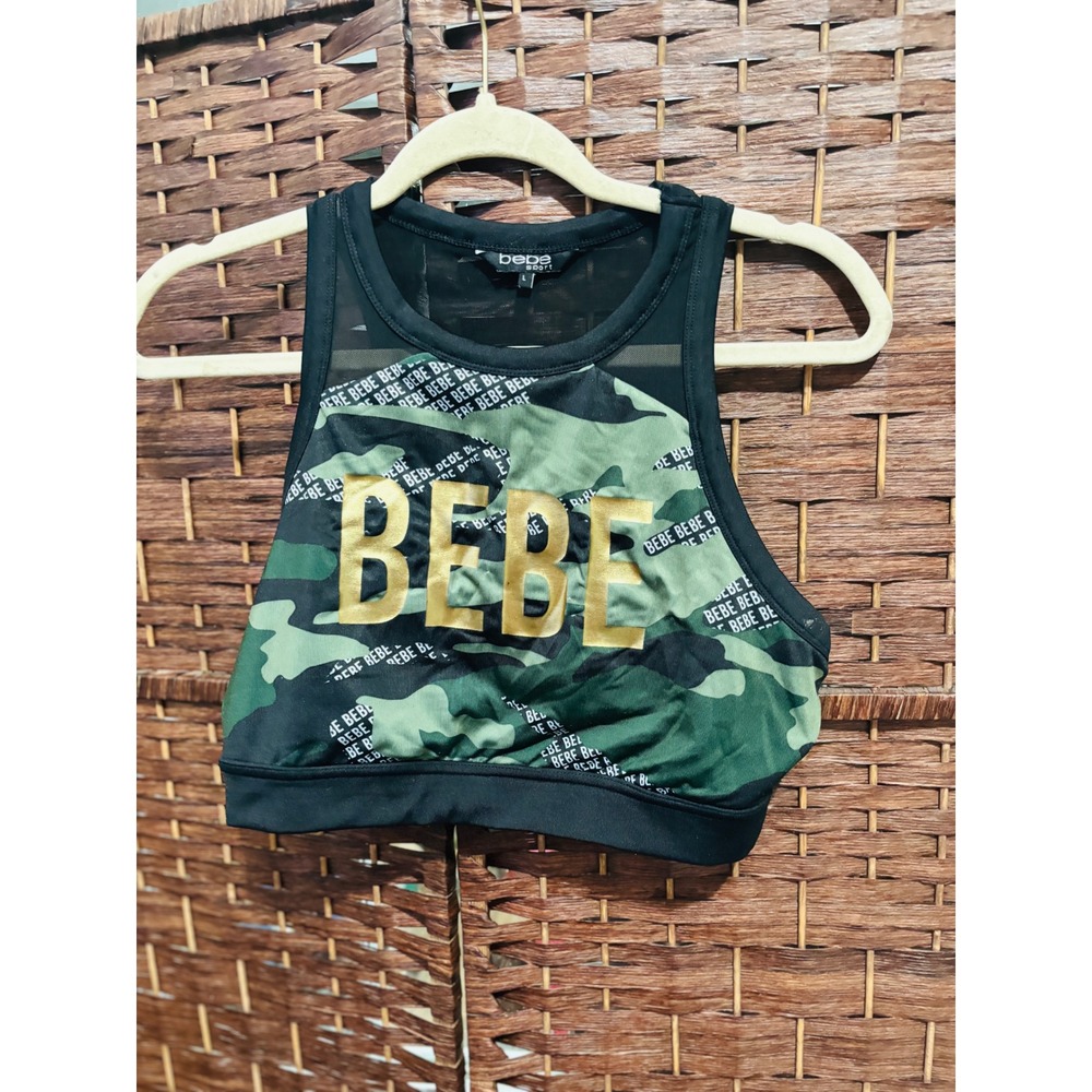 Bebe Sport Camouflage Tank Top Large Gold Logo Mesh‎ Racerback Athletic Gym